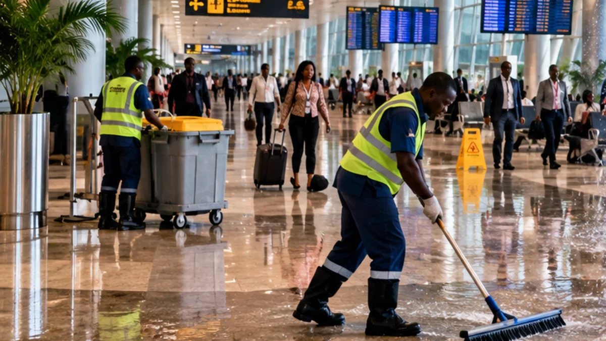 Agent d’entretien nettoyant le sol d’une salle d’embarquement, zone balisée. Image illustrative. Ce n’est pas l’aéroport de Lomé.